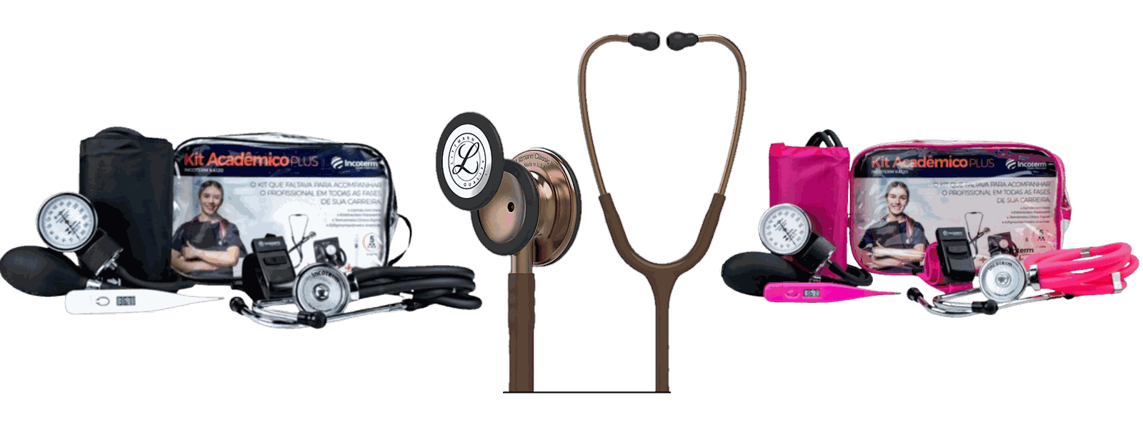 Kit Acadêmico Plus Ortosena: bolsa, estetoscópio, esfigmomanômetro e termômetro